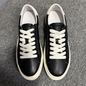 Qinhong Coolqi Genuine <b>Leather</b> <b>Sneakers</b> Black Low Heel Lace Up Casual Shoes Men Daily Wear Simple Japanese Style Trendy Canvas - Product Image 2