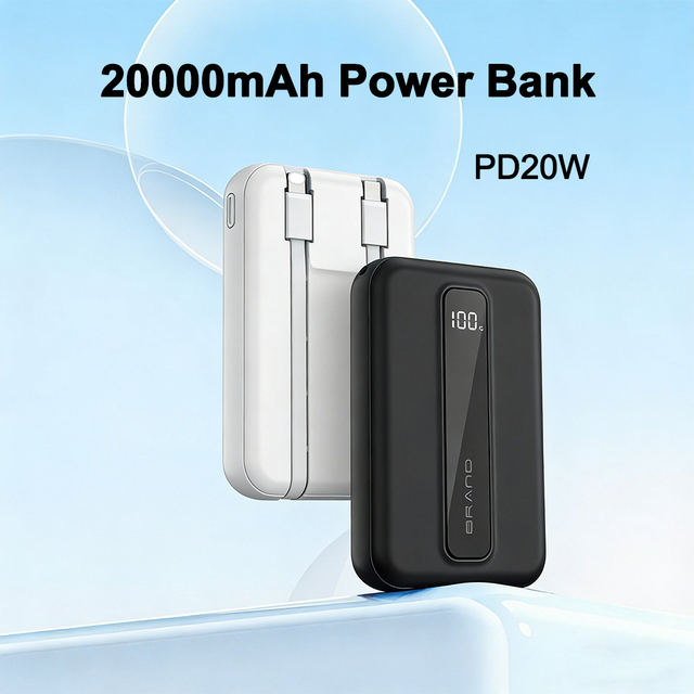20000mAh Power Bank PD 20W Fast Charging Built-in Type-C & Lightning Cables, 20000mah Portable Power Bank