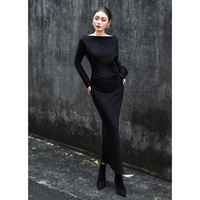 2026 Musim Gugur/Dingin Elegan Satu Bahu Belahan Samping Streetwear Modis Rajutan Pinggang Tinggi Slim Fit Bodycon Eropa Prancis Panjang