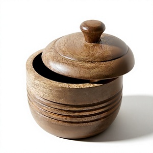Wooden Spice Jar Set Round With Lid And Spoon Handcrafted Airtight <b>Container</b> For Kitchen Traditional Chinese Design - Product Image 2