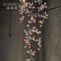 Lustre d'escalier contemporain de luxe pour intérieur, design feuilles, pour longues escaliers, hall d'hôtel, restaurant, villa, branche d'arbre, cristal personnalisé