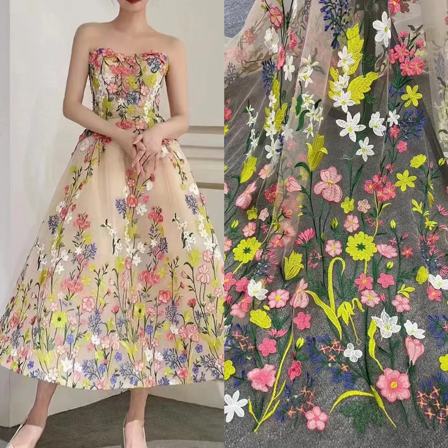 Wunderschöne DIY Party Kleid Großhandels preis bunte 3D Blumen Mesh Spitze Stoff Stickerei LT21596