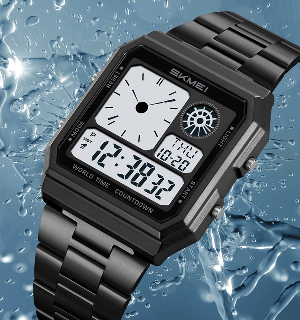 Skmei 2353 Digital Watch Stainless Steel Strap Waterproof World Time Rectangle Dial Stop Watch Alarm