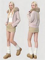 Cardigan court ajusté en maille torsadée pour femme 2026, avec fermeture éclair, style Y2K, mignon, pour tenue streetwear, hiver, avec grand col en fourrure, pulls, manteaux