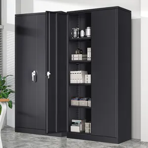 Armário de arquivo dobrável de metal preto preto para desmontar, armário de aço com 2 prateleiras para escritório, armazém moderno preto
