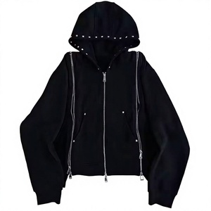 Women's Black <b>Hooded</b> Tracksuit Set Full Zipper Rhinestone Trim Casual Solid Color Autumn Wear - Product Image 2