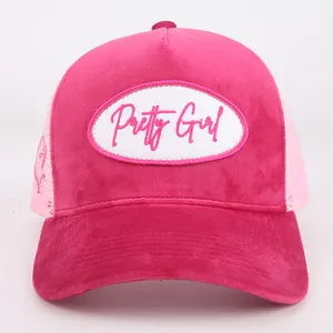 Desain kustom applique logo mesh topi trucker bordir patch pink beludru mesh topi trucker