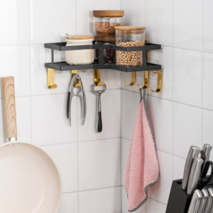 Étagère de rangement d'angle de cuisine en métal en forme de triangle, panier mural avec crochets adhésifs pour cuisine moderne de luxe et salle de bain - Product Image 2