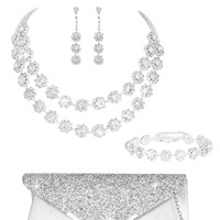 4 ensembles de sacs de mariage de luxe, accompagnés de colliers, bracelets, boucles d'oreilles et parures de bijoux pour femmes sertis de strass étincelants