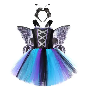 Cadılar bayramı kız elbise çocuklar Cosplay seti siyah kelebek Pommel elbise siyah peri kız elbise kanatları ile