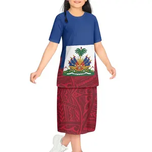 Trẻ Em Polynesian Quần Áo Giá Rẻ Bán Buôn Tùy Chỉnh Haiti Cờ Sang Trọng Ngắn Tay Áo O-Cổ Trẻ Em Đảo 2 Mảnh Thiết Lập Cô Gái Dresses