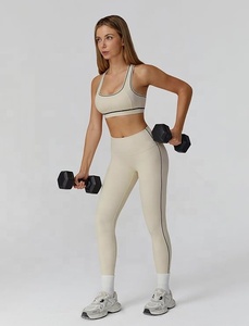 Women's Solid Color Yoga Set High Waist Leggings Full Length V-neck Strapless Crop <b>Top</b> 2-Piece Contrast Stitch Breathable - Product Image 4