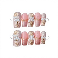 Faux ongles floraux faits main à presser, aspect vernis gel rose pailleté, pour femmes, usage professionnel en salon