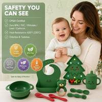 Ensemble de vaisselle en silicone de Noël vert foncé, kit complet de vaisselle, boîte cadeau pour les fêtes de Noël
