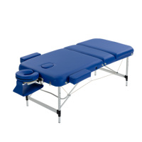 Table de massage avec support pour le visage, avec sangle de maintien pour le bras et accoudoirs latéraux, lit pliant en 3 sections, cadre en aluminium léger, bleu