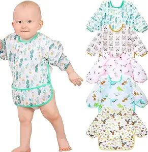 Novo design Venda quente 2Pack Long Sleeve Baby Bibs para Comer À Prova D' Água Reutilizável Fácil Limpo amostra grátis disponível