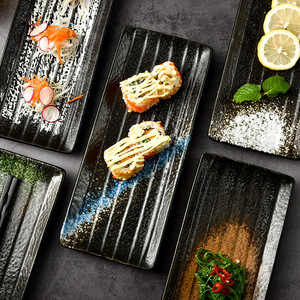 日式窑炉改造矩形条纹寿司盘12英寸陶瓷上菜盘可叠放派对盘 - Product Image 4