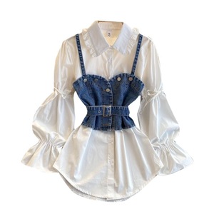 Venta al por mayor <span class=keywords><strong>de</strong></span> blusa <span class=keywords><strong>de</strong></span> <span class=keywords><strong>moda</strong></span> <span class=keywords><strong>de</strong></span> talla grande ropa <span class=keywords><strong>de</strong></span> mujer nueva manga <span class=keywords><strong>de</strong></span> burbuja <span class=keywords><strong>de</strong></span> mezclilla correa <span class=keywords><strong>de</strong></span> dos piezas conjunto superior - Product Image 4