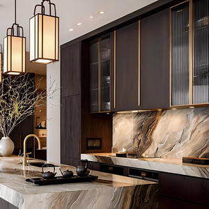 Meubles de cuisine de luxe complets JINGSHUN, armoires en mélamine laquée avec îlot en pierre frittée pour projets de villas et d'appartements - Product Image 2
