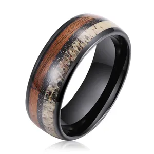 高品质男士威士忌/夏威夷/考亚木和鹿角碳化钨戒指，用于结婚戒指银/玫瑰金/金/黑色