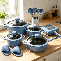 Set Peralatan Masak Anti Lengket Aluminium Pola Berlian 16 PCS, Panci dan Wajan Induksi dengan Peralatan Dapur