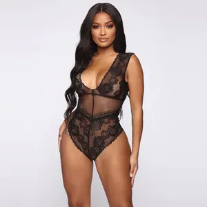Sleepwear dress women black deep v neck lace mesh plus size lingerie sexy hot