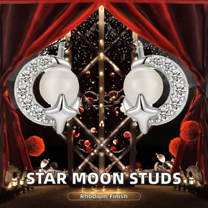 Pendientes de Perlas con Diseño de Estrella y Luna, Modernos y Sencillos, Plata de Ley 925 con Circonita Cúbica, para Fiesta, Joyería Fina al por Mayor para Mujer - Product Image 2