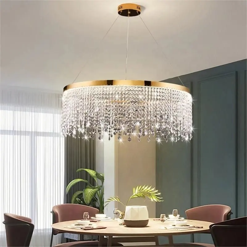 Lámpara colgante moderna para sala de estar, candelabro de cristal de lujo, redondo, para comedor, decoración del hogar, accesorio LED dorado