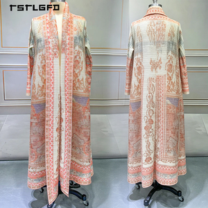 Robe longue kimono orientale de luxe pour femme, plissée, à devant ouvert, imprimé floral bleu chinoiserie, avec ceinture à nouer, manches longues, style modeste - Product Image 3