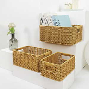 Rattan Storage Basket Rectangle With Handle For <b>Desk</b> Organizing Books And Sundries - Product Image 2