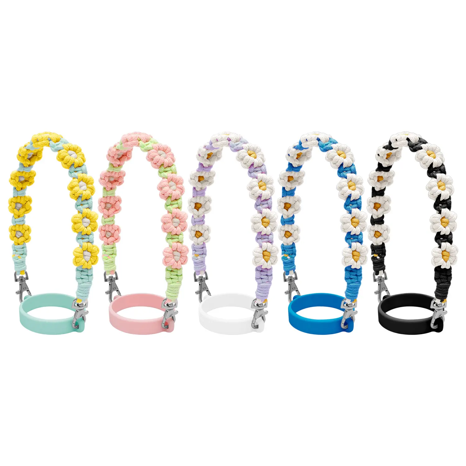 ins popular hand-woven Daisy Boho flower thickened silicone ring portable 40oz water bottles strap lanyard cup holder