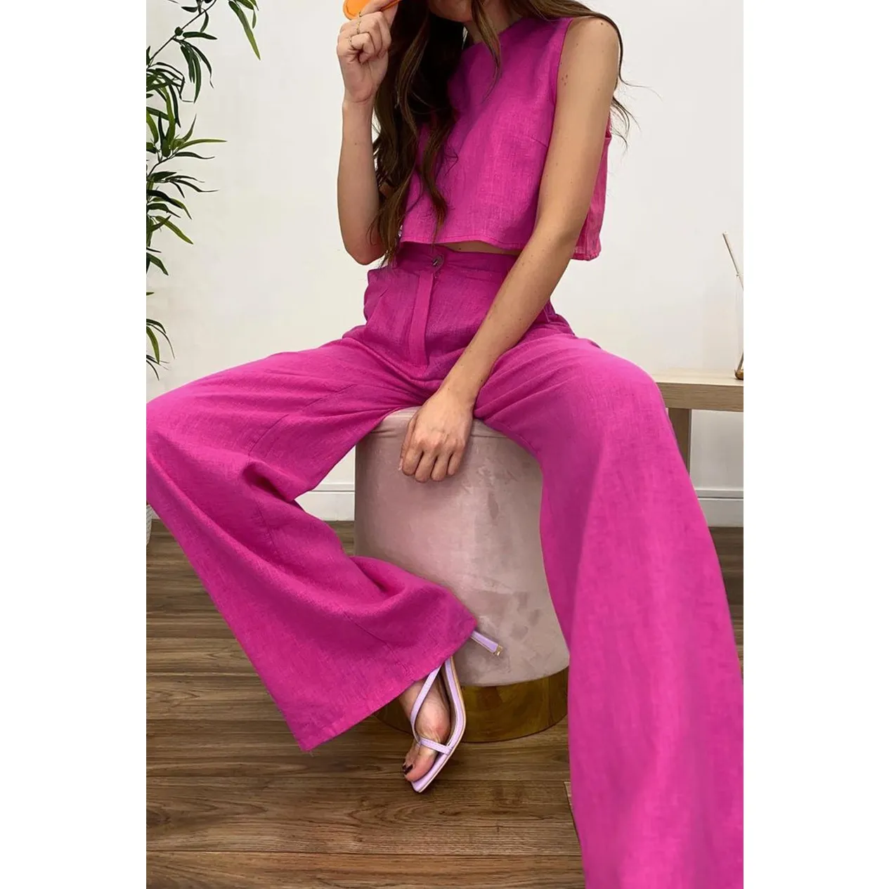 Summer pajamas loose loungewear solid color outerwear cotton and linen 2 piece set women