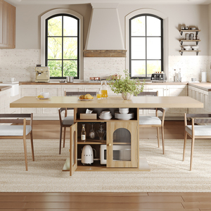 Table à manger en chêne blond robuste de qualité éprouvée avec plateau épais et grand meuble de rangement pour salle à petit-<span class=keywords><strong>d</strong></span>éjeuner et famille - Product Image 1