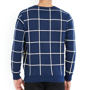 Men's <b>Navy</b> Blue Geometric Grid Print Crew Neck Pullover Sweatshirt Regular Fit Casual <b>Knitted</b> Long Sleeve - Product Image 2