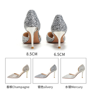 6691-6 Escarpins de mariée solides à bout pointu, talon aiguille, strass, chaussures de mariage, super hauts (8 cm ou plus), doublure en satin - Product Image 2