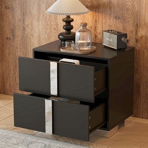 Mirrored Nightstand With <b>2</b> <b>Drawers</b> Black Metal Foot Bedroom Living Room <b>Storage</b> Cabinet - Product Image 2