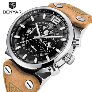 Benyar Men's Quartz <b>Watch</b> Analog 30M Waterproof <b>Case</b> Metal <b>Case</b> Lightweight Leather Strap Chronograph Sport BY-5112 - Product Image 1