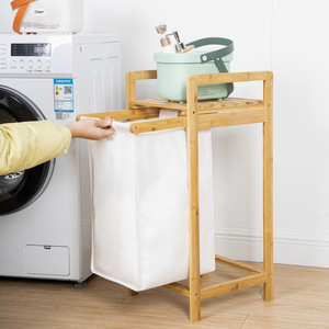 Laundry Hamper Bamboo <b>Frame</b> <b>Canvas</b> Bag Storage Rack <b>For</b> Dirty Clothes Bathroom Organizer Standing Type Rectangle Shape - Product Image 2