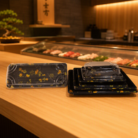 Boîte à sushi en plastique PET de qualité alimentaire en gros, motif feuille dorée, couvercle anti-buée, conteneur à sushi pour restaurant, cuisine japonaise