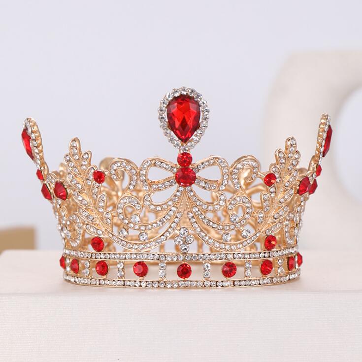Новая модная дизайнерская Изысканная Золотая и красная тиара в стиле барокко с кристаллами и короной для женщин ювелирные изделия для невесты свадебной вечеринки аксессуары для волос