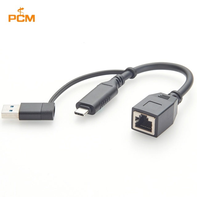 2-in-1 USB-A USB-C Male to RJ45 Female Socket Gigabit Ethernet Adapter Networking Cable Realtek RTL8153B 1000Mbps 10cm