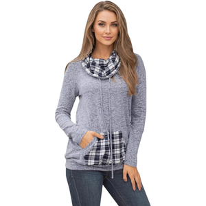 Sudadera con capucha de punto gris para mujer, 100% algodón, cuello tipo bufanda, bolsillos, informal, de invierno, peso pesado, ecológica - Product Image 1