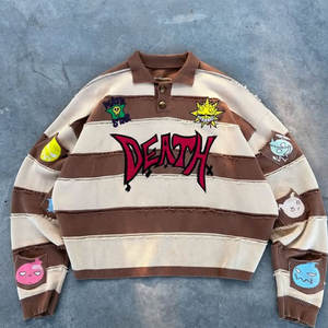 Camiseta gruesa de felpa francesa desgastada rasgada con flecos acanalada Turn Down Neck Stripe Boxy Fit para hombre Rugby Knit 420gsm Cropped Jersey - Product Image 1