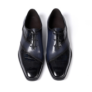 Chaussures Oxford en cuir gaufré croco bicolore bleu pour hommes, à lacets, bout pointu, chaussures habillées formelles pour mariage et bureau - Product Image 6