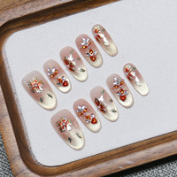 Kuku Palsu Cat-Eye Buatan Tangan Murni dengan Hiasan Kelopak Bunga Tiga Dimensi Gaya Prancis Pola Bunga Press-on Nail