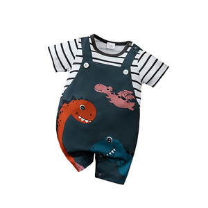 Combinaison <span class=keywords><strong>bébé</strong></span> <span class=keywords><strong>garçon</strong></span> à manches courtes, motif dinosaure mignon, rayée, pour nouveau-né, production en petites séries - Product Image 1