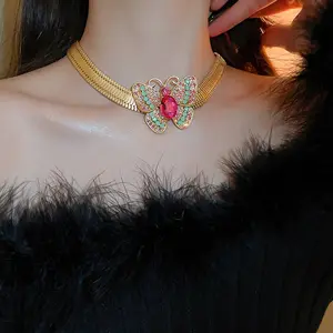 Medieval diamond inlaid alloy butterfly snake bone Accessories artistic retro clavicle chain exaggerated fashionable necklace