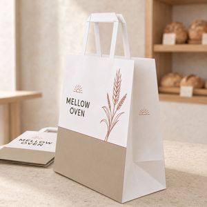 Sacs en papier blancs de luxe personnalisés avec logo et poignées plates pour boulangerie, emballage alimentaire, vente au détail, sacs de courses à emporter, vente en gros OEM - Product Image 3