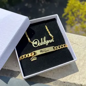 QIUHAN Cuban Crown Name Bracelet Letter Pendant Necklace For Kids Custom Boys Jewelry Set