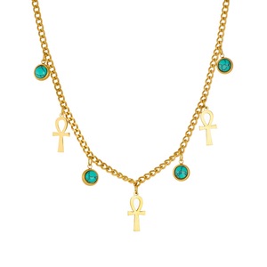 Golden Turquoise Ankh Pendant Necklace Gold Plated Stainless Steel Clavicle Chain Daily Wear Fashion Jewelry - Product Image 5